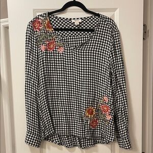 Style & Co. Black & White Gingham Floral Embroidered Long-Sleeve Top Large